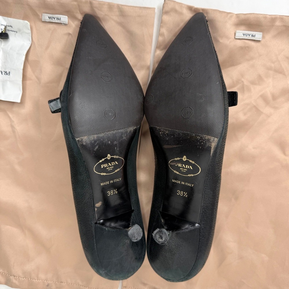 Prada Black Pebbled Leather Pointed Toe Buckle Kitten Heel Pumps 38.5 Italy - Picture 6 of 10